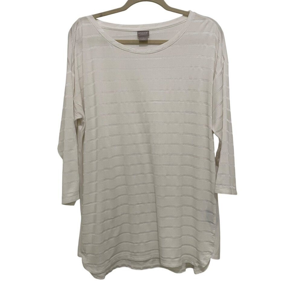 Chicos Zenergy White Stripe 3/4 Sleeve Top‎ Womens Large Lightweight Relaxed Fit